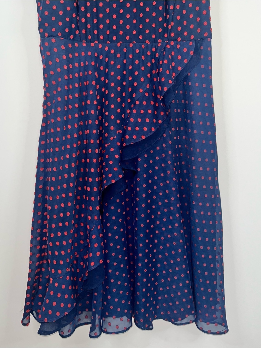Eva Franco Anthropologie Maryann Navy Red Clip Dot Sleeveless Dress 8 Ruffle - Picture 7 of 14